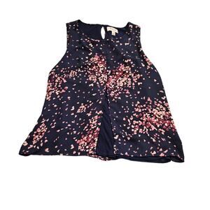 Elle Sleeveless Navy Floral Blouse Keyhole Back Tank Top Medium